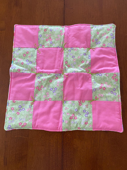 Handmade Baby Doll Quilted Blanket with Colorful Flowers and Pink Blocks