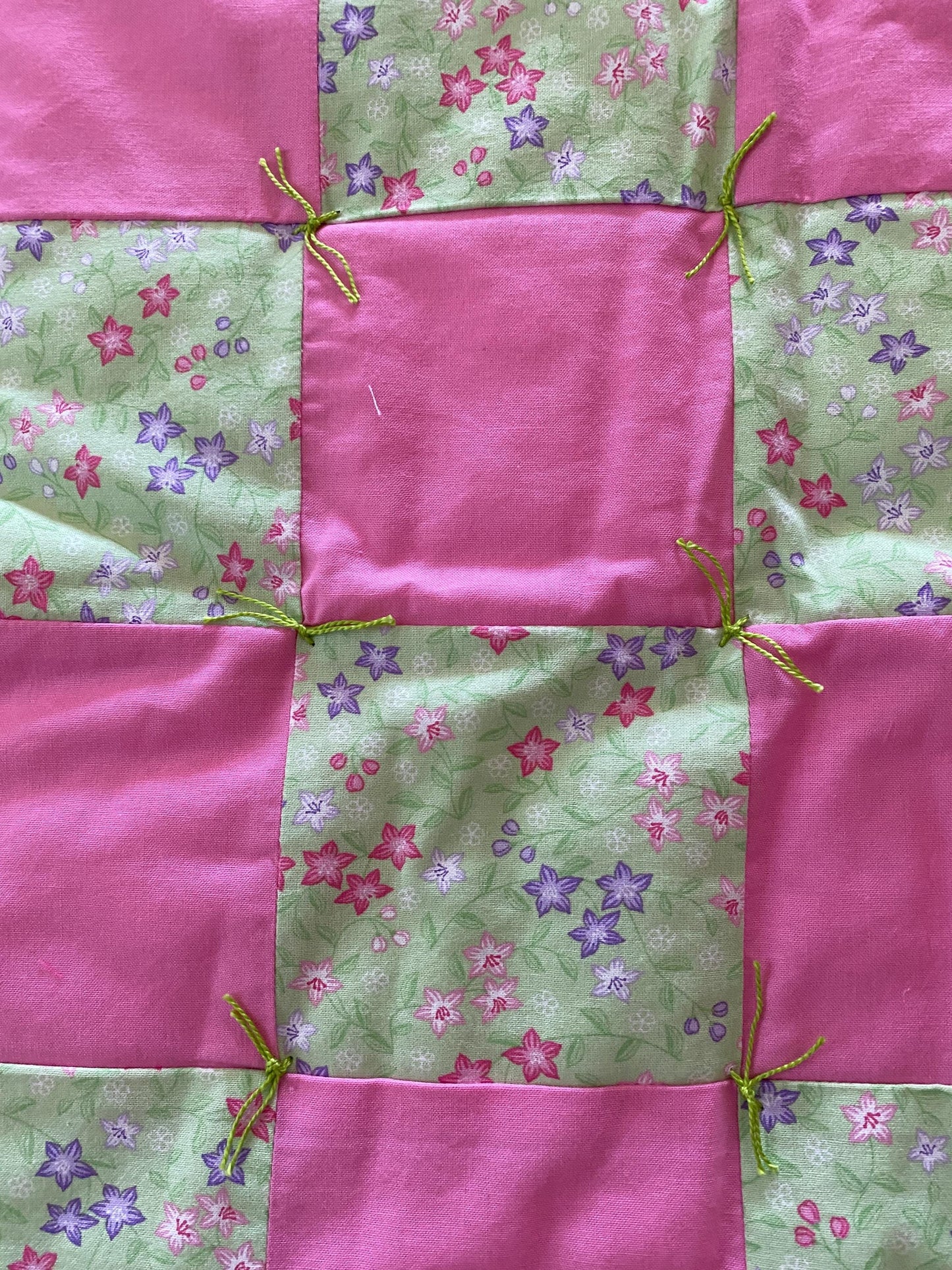 Handmade Baby Doll Quilted Blanket with Colorful Flowers and Pink Blocks