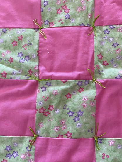 Handmade Baby Doll Quilted Blanket with Colorful Flowers and Pink Blocks