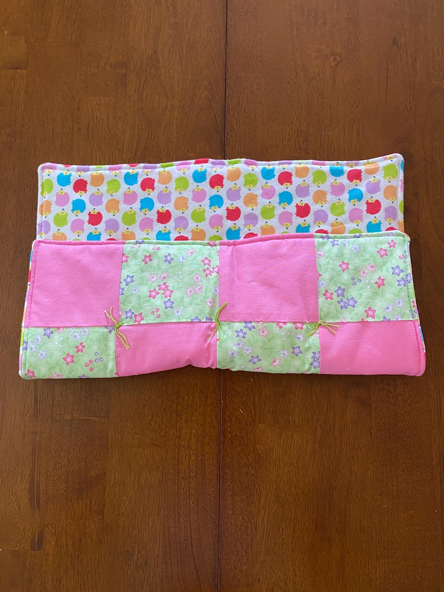 Handmade Baby Doll Quilted Blanket with Colorful Flowers and Pink Blocks