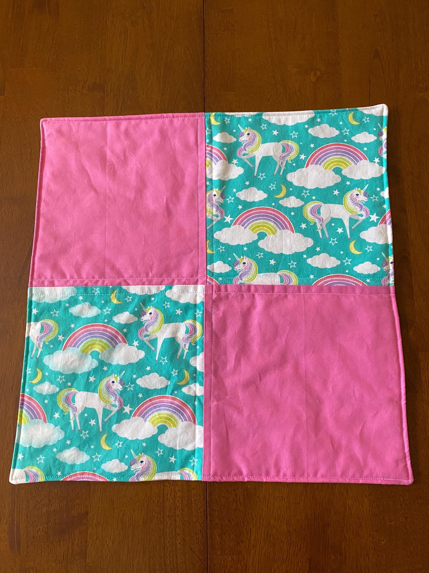 Handmade Baby Doll Quilted Blanket with Unicorns and Rainbows