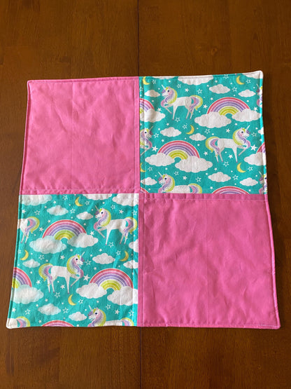 Handmade Baby Doll Quilted Blanket with Unicorns and Rainbows