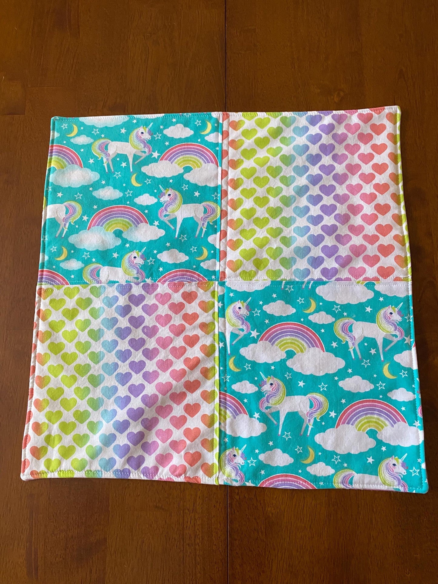 Handmade Baby Doll Quilted Blanket with Unicorns and Hearts