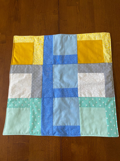 Handmade Baby Doll Quilted Blanket with Colorful Blocks and Blue Rows