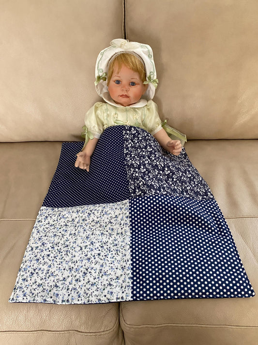 Handmade Baby Doll Quilted Blanket with Polka Dots and Flower Blocks Navy
