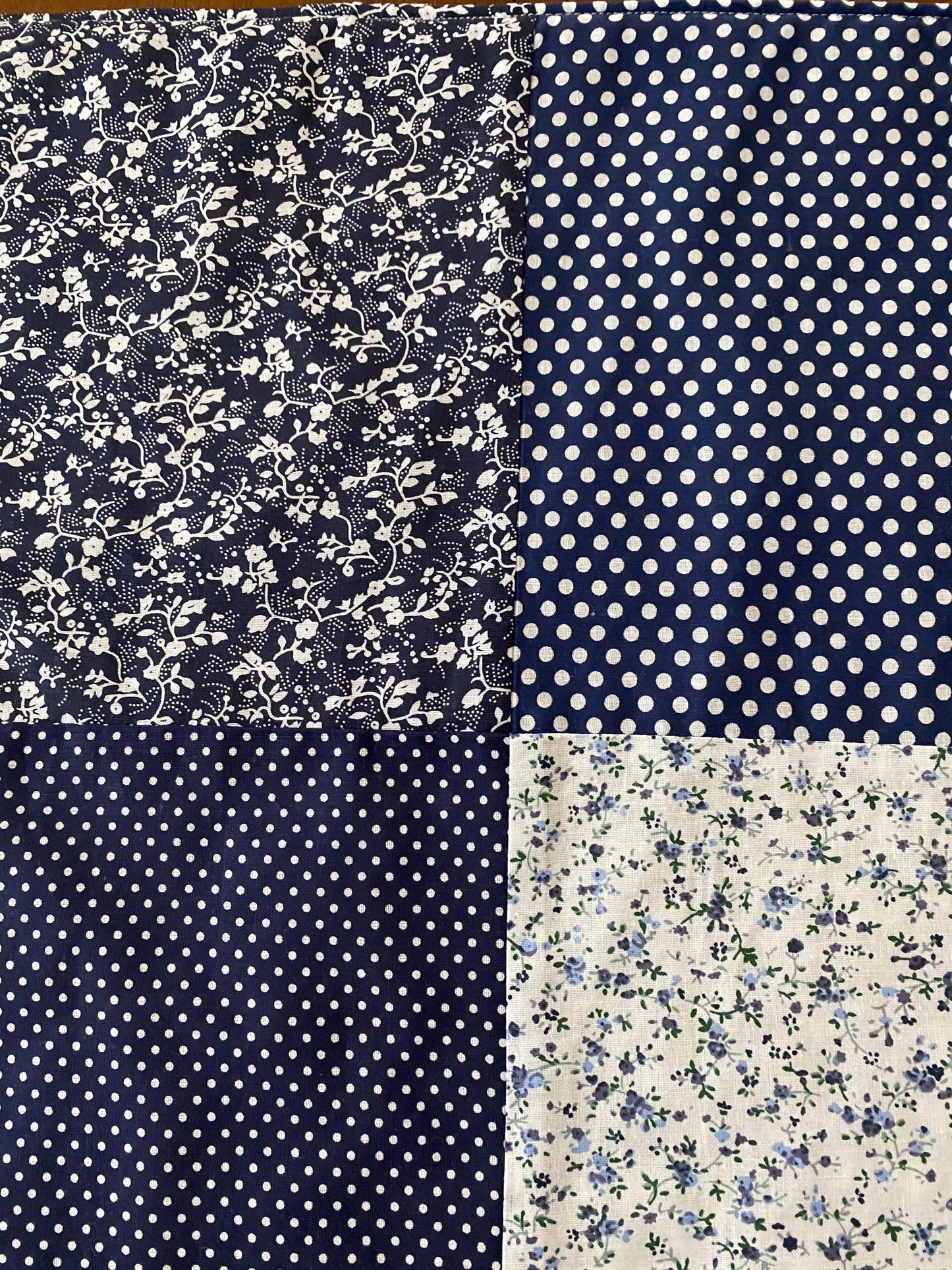 Handmade Baby Doll Quilted Blanket with Polka Dots and Flower Blocks Navy