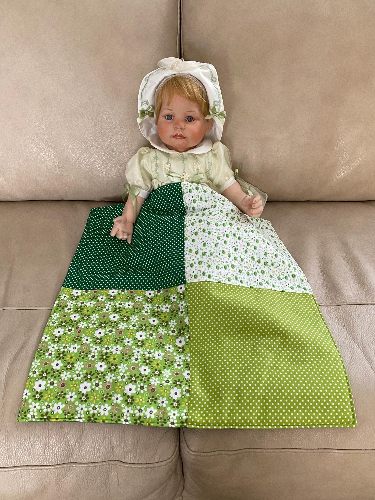 Handmade Baby Doll Quilted Blanket with Polka Dots and Flower Blocks Green