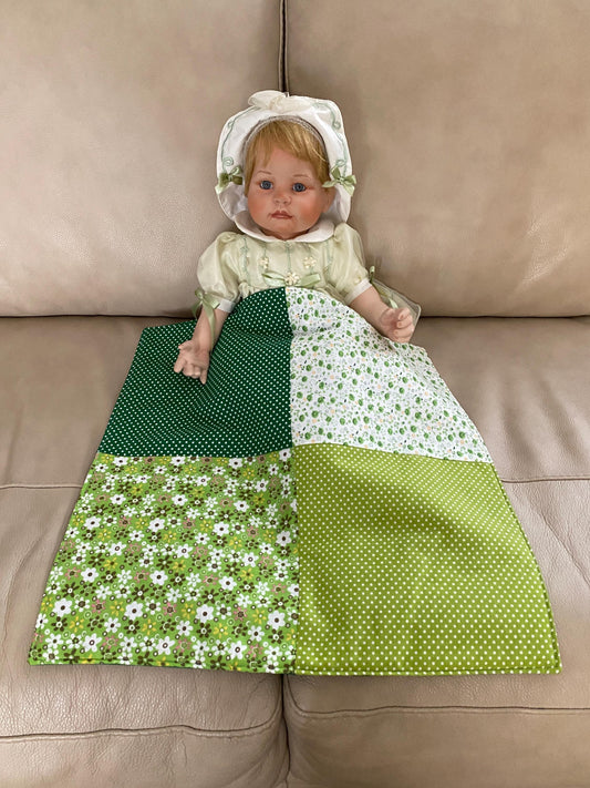 Handmade Baby Doll Quilted Blanket with Polka Dots and Flower Blocks Green