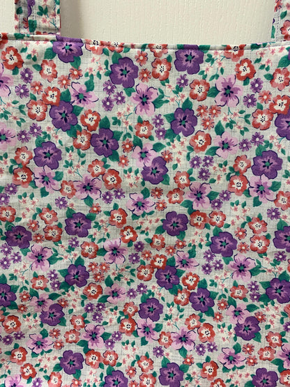 Handmade Lined Large Size Purple and Pink Flowers Reversible Tote Bag