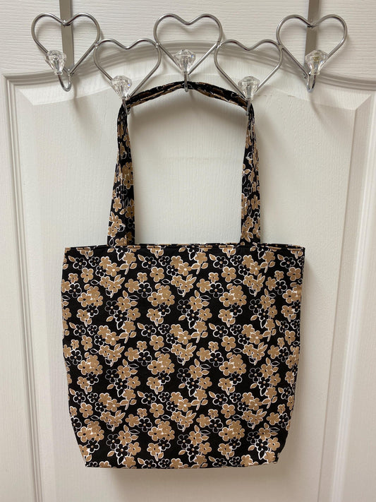 Handmade Lined Large Size Black and Gold Flowers Reversible Tote Bag