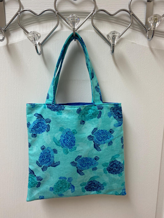 Handmade Lined Child Sea Turtles Reversible Tote Bag Blue Lining