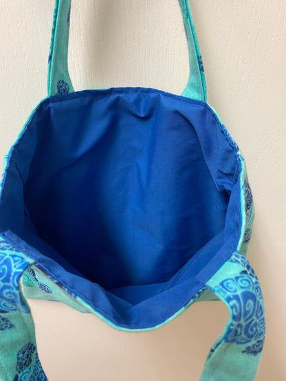 Handmade Lined Child Sea Turtles Reversible Tote Bag Blue Lining