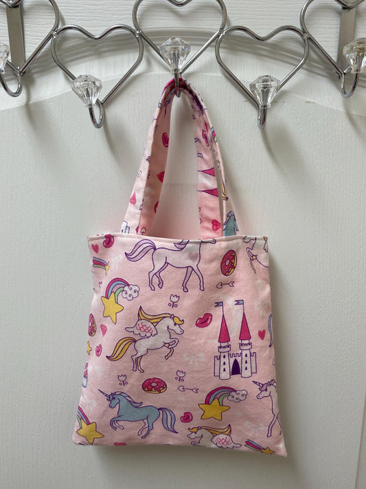 Handmade Lined Child Unicorns Reversible Tote Bag Pink Lining