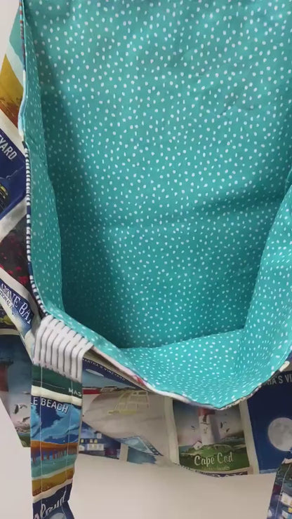 Handmade Reversible Large Tote Bag with Lighthouses