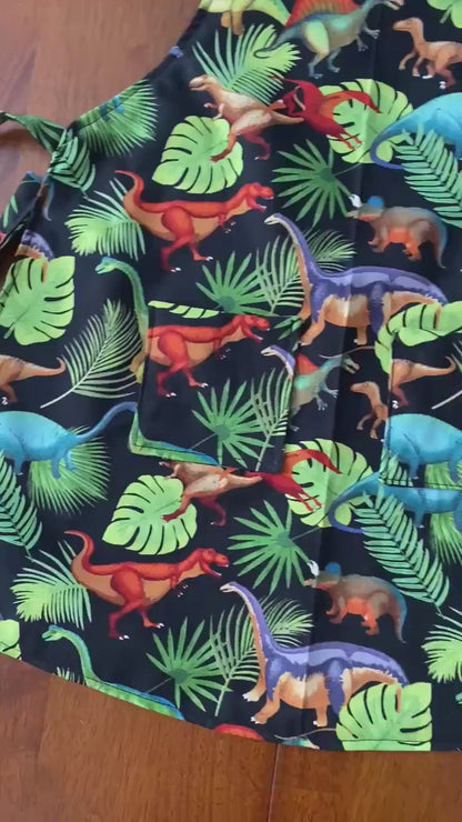 Reversible Child Apron with Pockets Featuring Dinosaurs