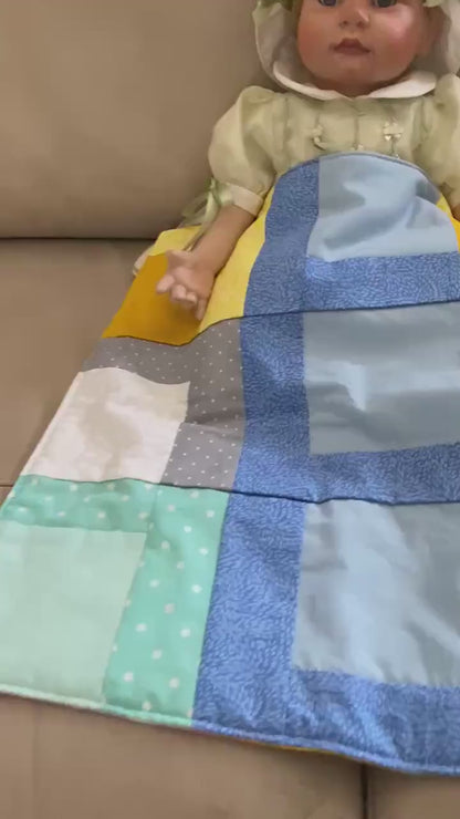Handmade Baby Doll Quilted Blanket with Colorful Blocks and Blue Rows