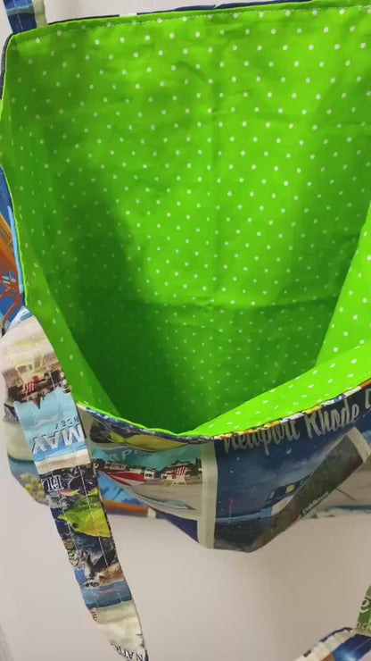 Handmade Reversible Large Tote Bag with Lighthouses