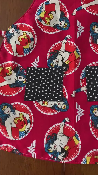 Reversible Child Apron with Pockets Featuring Wonder Women