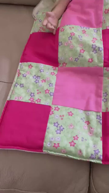 Handmade Baby Doll Quilted Blanket with Colorful Blocks and Flowers with Minky Back